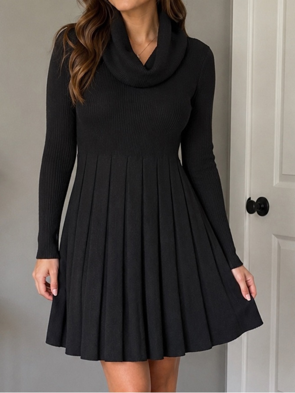 Calvin Klein Black Ribbed Cowl Neck Sweater Dress Petite Small